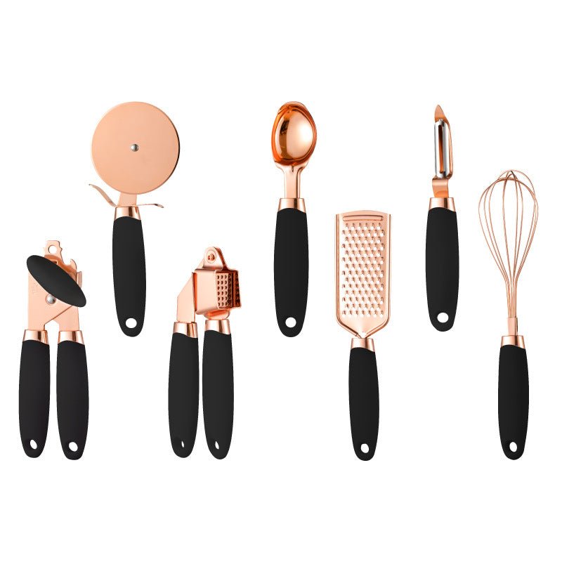 Set 7 Pièces Ustensiles Cuisine Cuivré – Kit Outils Acier Inox Rose Gold Design - démonstration produit Ustensilio