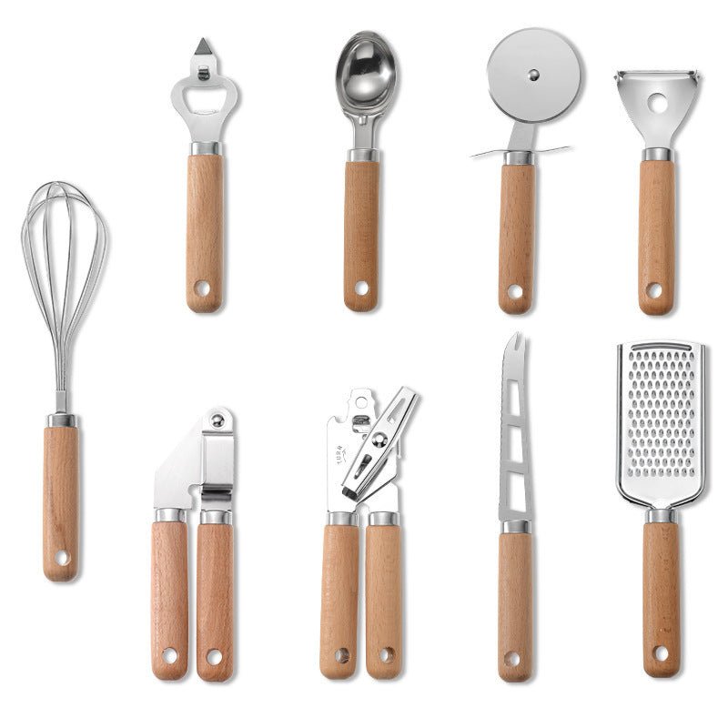 Set complet de 9 ustensiles de cuisine bois et inox présenté dans un pot