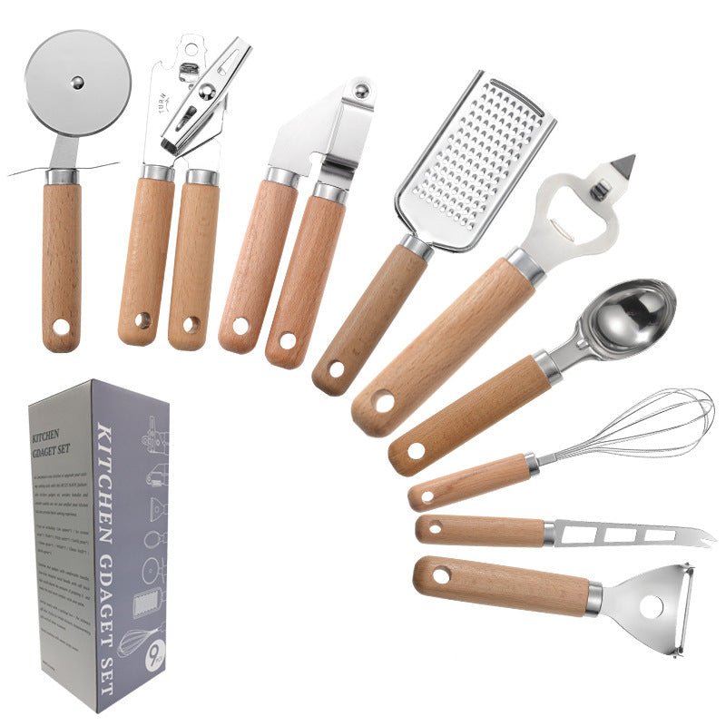 Set de 9 ustensiles de cuisine avec manches en bois naturel et inox