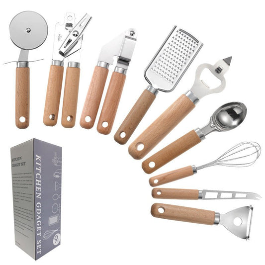 Set de 9 ustensiles de cuisine avec manches en bois naturel et inox