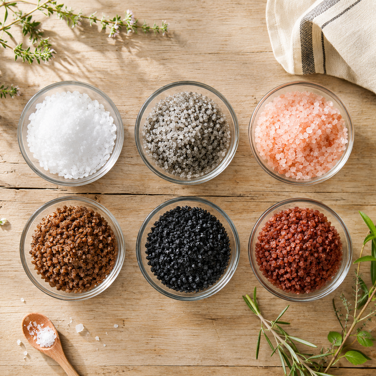 Différents types de sel alignés sur marbre blanc - fleur de sel, sel gris de Guérande, sel rose Himalaya, sel noir Chypre