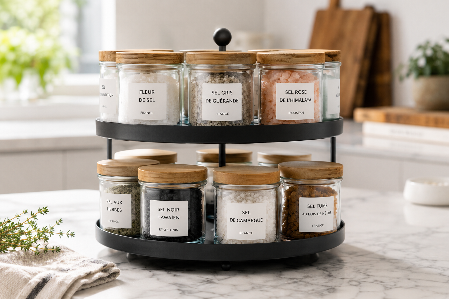 Porte-épices rotatif 2 niveaux avec pots de sels étiquetés sur plan de travail cuisine - organisation sel Ustensilio