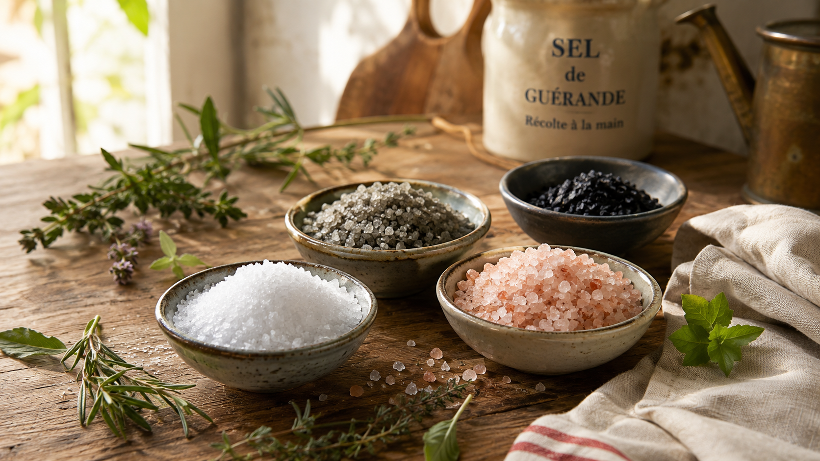 Assortiment de sels de cuisine sur plan de travail en bois - fleur de sel, sel gris, sel rose, sel noir - Ustensilio