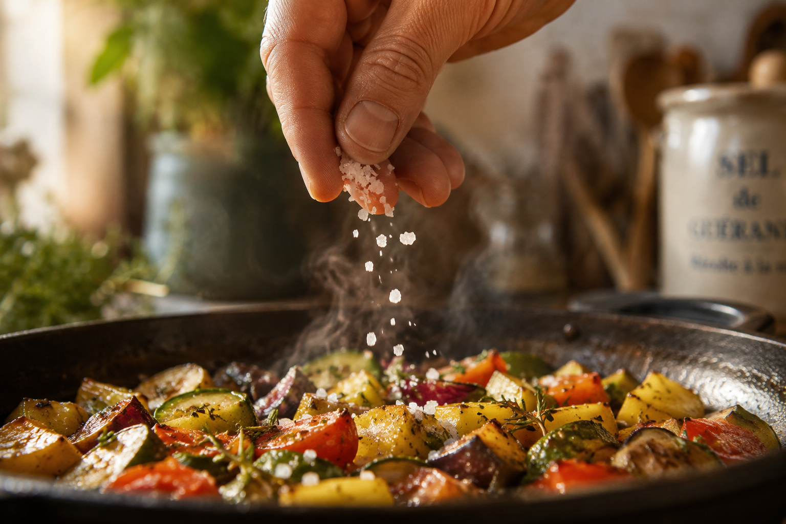 Main qui pince de la fleur de sel au-dessus d'un steak grillé avec légumes - sel de finition en cuisine